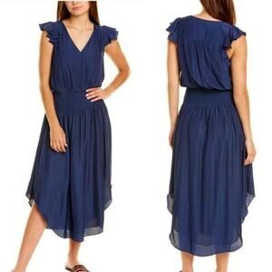 Ramy Brook Reina Midi Dress Navy Flutter Sleeves Smocked Medium Romantic Fairy